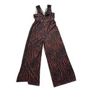 Womens Size L Wide Leg Jumpsuit Zebra Print V Neck Sleeveless